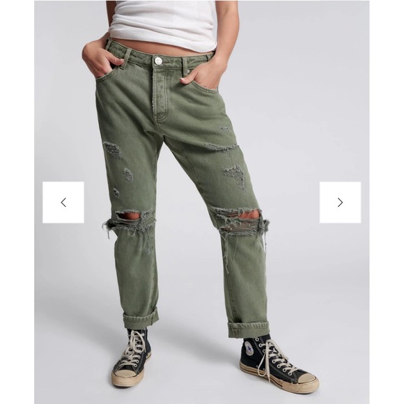 One Teaspoon Messed Up Saints Boyfriend Jeans Olive Green Ripped Distressed 26 - Picture 1 of 8